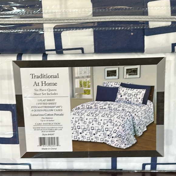 Traditionall at Home 6pc Queen Sheet Set Blue Abstract Squares - Picture 3 of 7